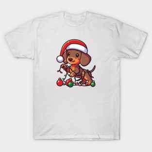 dachshund dog playing with Christmas lights T-Shirt